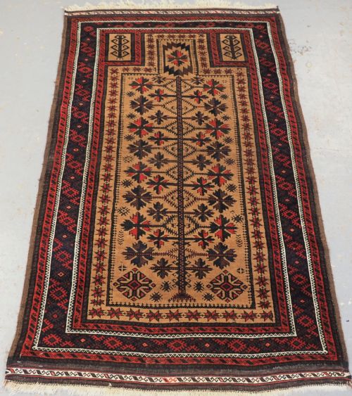 Antique Baluch Prayer Rug, 'Sarakhs' Baluch, Camel Ground, Late 19th Century.