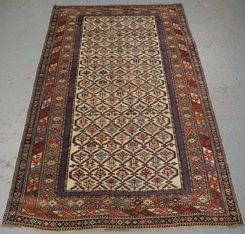 Antique Caucasian Dagestan Rug with Ivory Ground Floral Lattice, Superb, Circa 1880.