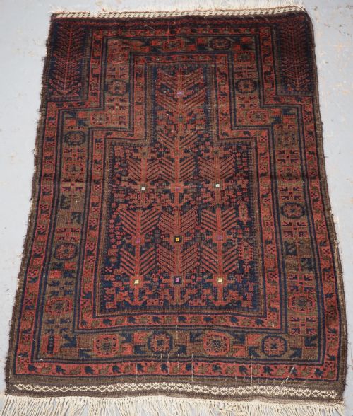 Antique Timuri Baluch Prayer Rug with Blue Ground & Silk Highlights, Circa 1880.