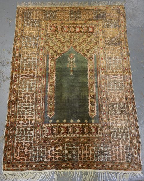 Antique Turkish Panderma / Bandirma Prayer Rug with Green Ground, Circa 1900.