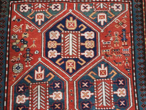 ANTIQUE CAUCASIAN GENDJE KAZAK RUG FOLK ART HORSES AND PEOPLE CIRCA 1890 - ADDITIONAL PHOTO 7