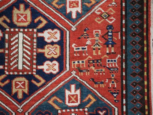 ANTIQUE CAUCASIAN GENDJE KAZAK RUG FOLK ART HORSES AND PEOPLE CIRCA 1890 - ADDITIONAL PHOTO 9