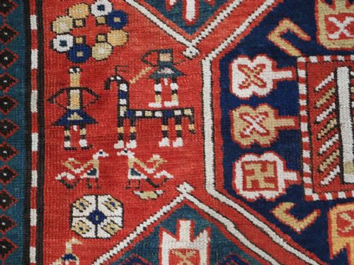 ANTIQUE CAUCASIAN GENDJE KAZAK RUG FOLK ART HORSES AND PEOPLE CIRCA 1890 - ADDITIONAL PHOTO 11