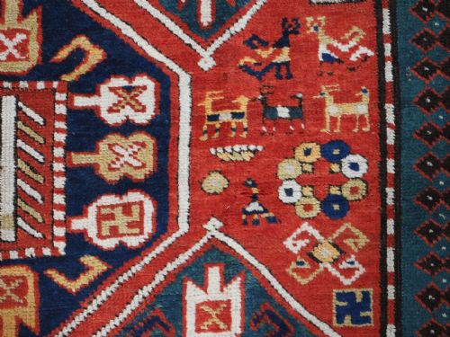 ANTIQUE CAUCASIAN GENDJE KAZAK RUG FOLK ART HORSES AND PEOPLE CIRCA 1890 - ADDITIONAL PHOTO 12
