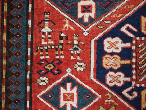 ANTIQUE CAUCASIAN GENDJE KAZAK RUG FOLK ART HORSES AND PEOPLE CIRCA 1890 - ADDITIONAL PHOTO 14