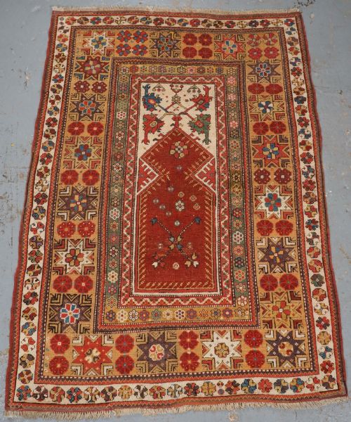 Antique Turkish Milas Prayer Rug, Star & Rosette Border, Circa 1800-1825.
