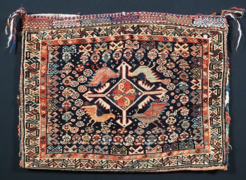 Antique Khamseh Tribal Saddlebag with Sought After Bird Design, Circa 1880.
