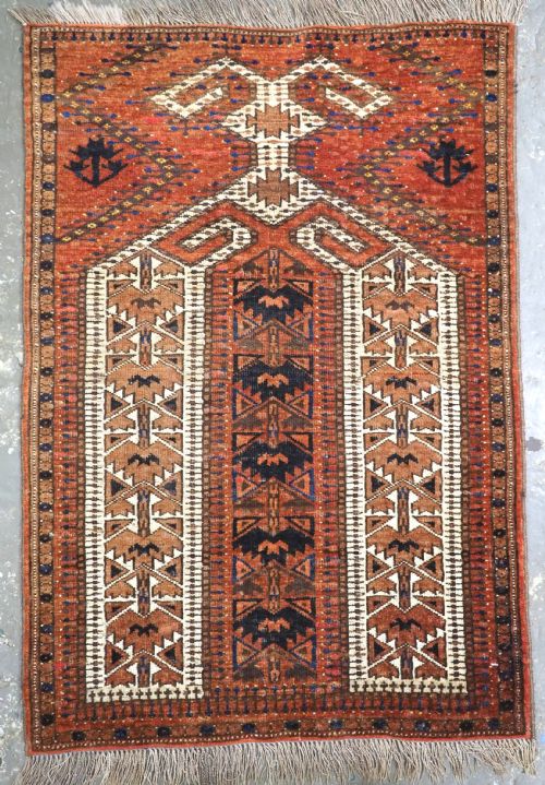 Antique Afghan Turkmen Prayer Rug with Rams Horn Design, Circa 1900.