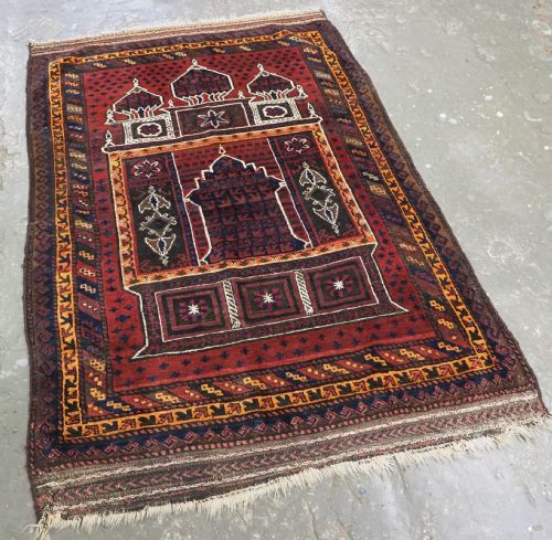 fig 1. ANTIQUE TAIMANI BALUCH 'SEH MIHRAB' PRAYER RUG, OUTSTANDING EXAMPLE, CIRCA 1900.