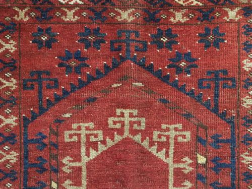 ANTIQUE TURKMEN PRAYER RUG PROBABLY KIZIL AYAK VERY ARCHAIC EXAMPLE CIRCA 1850 OR EARLIER - ADDITIONAL PHOTO 7