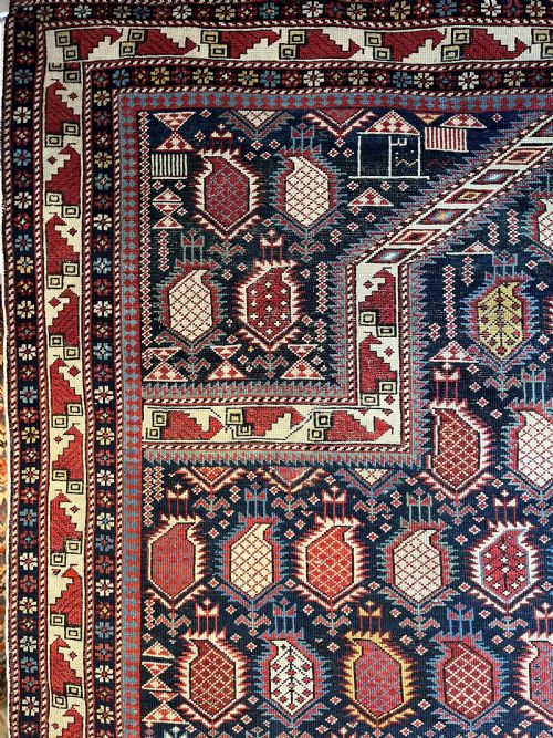 fig 1. ANTIQUE CAUCASIAN BLACK MARASALI PRAYER RUG, OUTSTANDING EXAMPLE, DATED 1883.