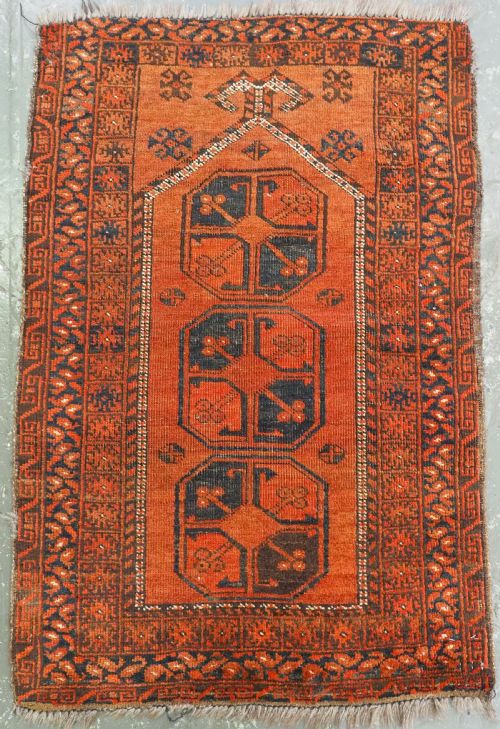 Antique Afghan Turkmen Prayer Rug with Rams Horn Mihrab, Circa 1900.