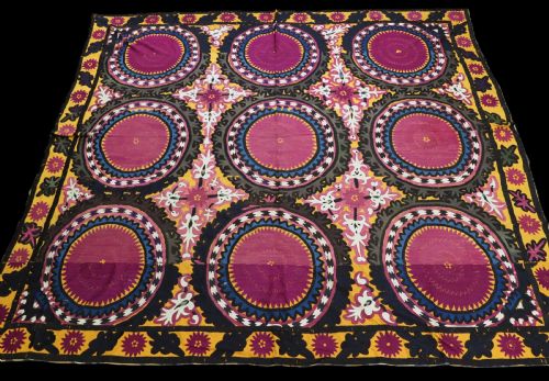 ANTIQUE UZBEK SAMARKAND 'BOLIM POSH' SUZANI SUPERB COLOUR AND CONDITION CIRCA 1890