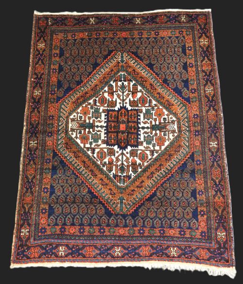ANTIQUE AFSHAR NERIZ RUG WITH SMALL MEDALLION BOTEH DESIGN CIRCA 1900