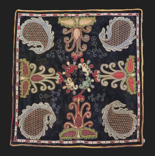 Antique Uzbek Ceremonial Table Cover, Silk Twist on Blue Velvet, Late 19th Century.
