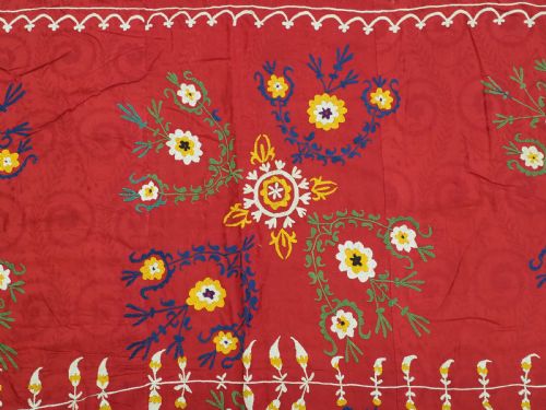 ANTIQUE UZBEK SUZANI PROBABLY TAJIK SILK ON RED COTTON GROUND CIRCA 1900 - ADDITIONAL PHOTO 5