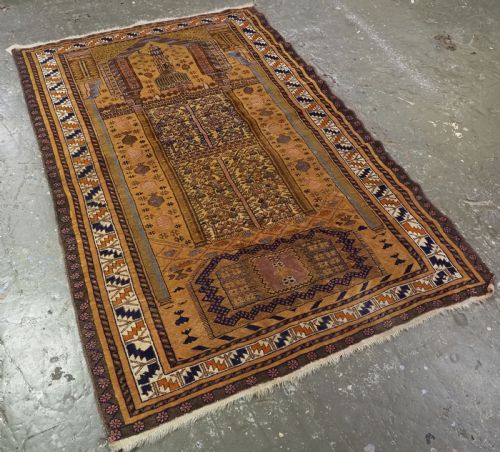 VINTAGE AFGHAN TAIMANI SISTAN BALUCH PRAYER RUG MIXED TECHNIQUE CAMEL WOOL CIRCA 1930 - ADDITIONAL PHOTO 1