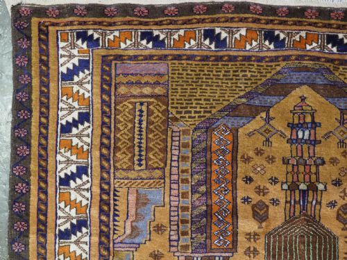 VINTAGE AFGHAN TAIMANI SISTAN BALUCH PRAYER RUG MIXED TECHNIQUE CAMEL WOOL CIRCA 1930 - ADDITIONAL PHOTO 4
