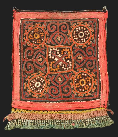 ANTIQUE KIRGHIZ EMBROIDERED FELT PANEL WITH APPLIED FRINGE CIRCA 1900
