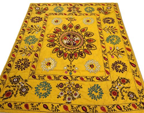 Antique Uzbek Suzani, Silk Embroidery on a Yellow Cotton Ground, Circa 1900.