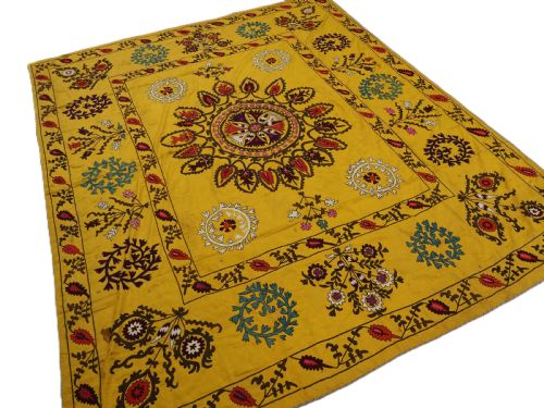 fig 1. ANTIQUE UZBEK SUZANI, SILK EMBROIDERY ON A YELLOW COTTON GROUND, CIRCA 1900.