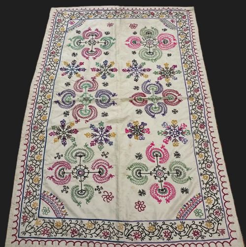 ANTIQUE UZBEK TAJIK SUZANI OF SMALL SIZE SILK ON SILK CIRCA 190020