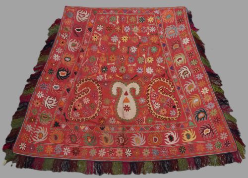 ANTIQUE UZBEK LAKAI TRIBAL EMBROIDERED HORSE COVER SADDLE RUG CIRCA 1920