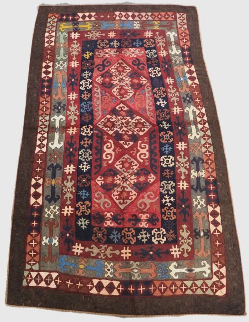ANTIQUE CENTRAL ASIAN EMBROIDERED FELT RUG UZBEK LAKAI TRIBAL RUG CIRCA 1900