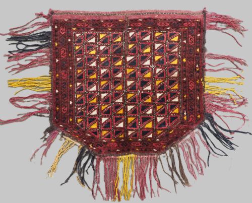ANTIQUE ERSARI TURKMEN SADDLE COVER RUG WITH ORIGINAL TASSELS CIRCA 1900