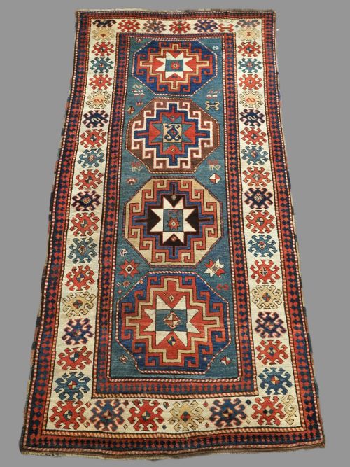 Antique Caucasian Kazak Long Rug with Green Ground, Superb Colour, 2nd Half 19th Century.