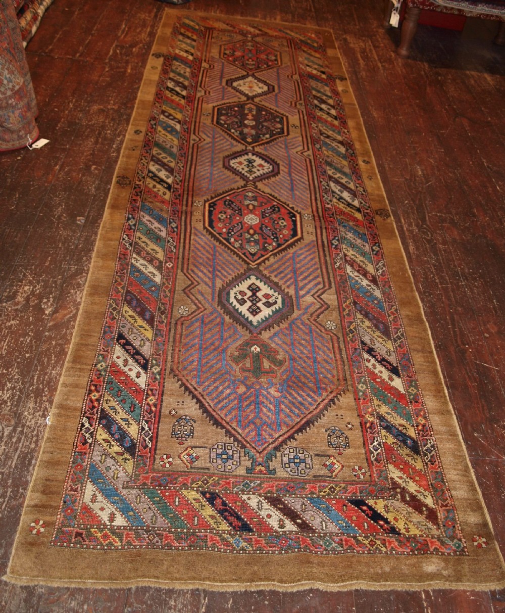 ANTIQUE NORTH WEST PERSIAN SARAB RUNNER, CAMEL WOOL GROUND & COLOURFUL DESIGN, C 1900