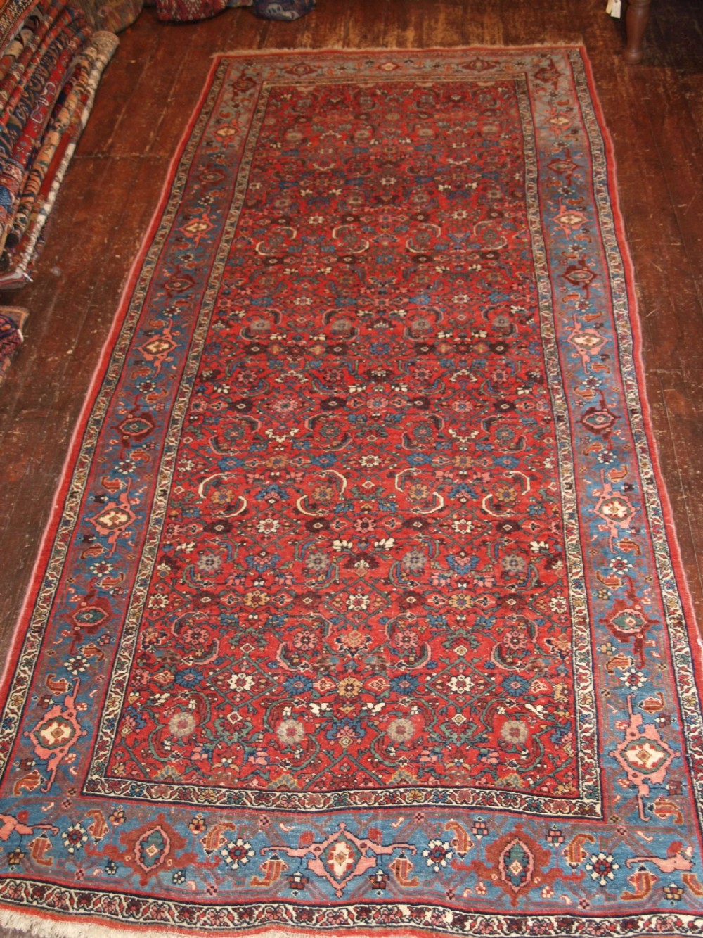 ANTIQUE BIDJAR KELLEH, HERATI DESIGN, LIGHT BLUE BORDER, CIRCA 1900