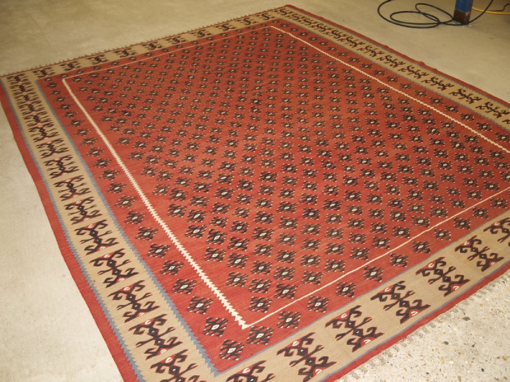 OLD TURKISH SHARKOY KILIM, LARGE SIZE, GREAT BORDER, ABOUT 60 YEARS OLD