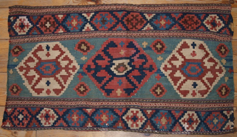 ANTIQUE SHAHSAVAN MAFRASH PANEL, WONDERFUL BLUES, BOLD DESIGN, 4TH QUARTER 19TH CENT
