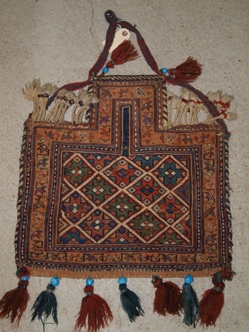 ANTIQUE SALT BAG BY THE AFSHAR TRIBE, SOUMAK WORK, SUPERB. LATE 19TH CENTURY.