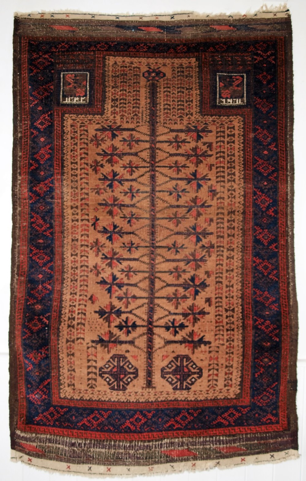 ANTIQUE BALUCH CAMEL GROUND PRAYER RUG WITH 'TREE OF LIFE' DATED TO THE HAND PANELS, CIRCA 1900.