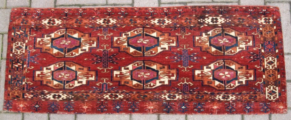 ANTIQUE TEKKE TURKMEN 6 GUL TORBA, SILK TO GUL CENTERS, VERY FINE, CIRCA 1850.