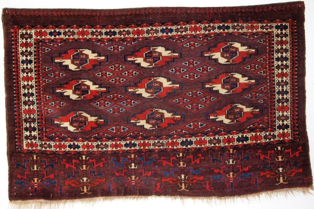 ANTIQUE YOMUT TURKMEN 9 GUL CHUVAL, GREAT COLOUR, SUPERB ELEM DESIGN, CIRCA 1870.