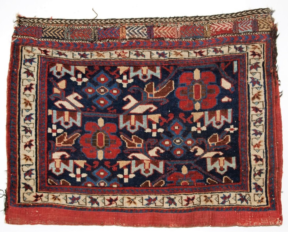 ANTIQUE AFSHAR TRIBAL SADDLE BAG WITH PLAIN WEAVE BACK, CIRCA 1900.