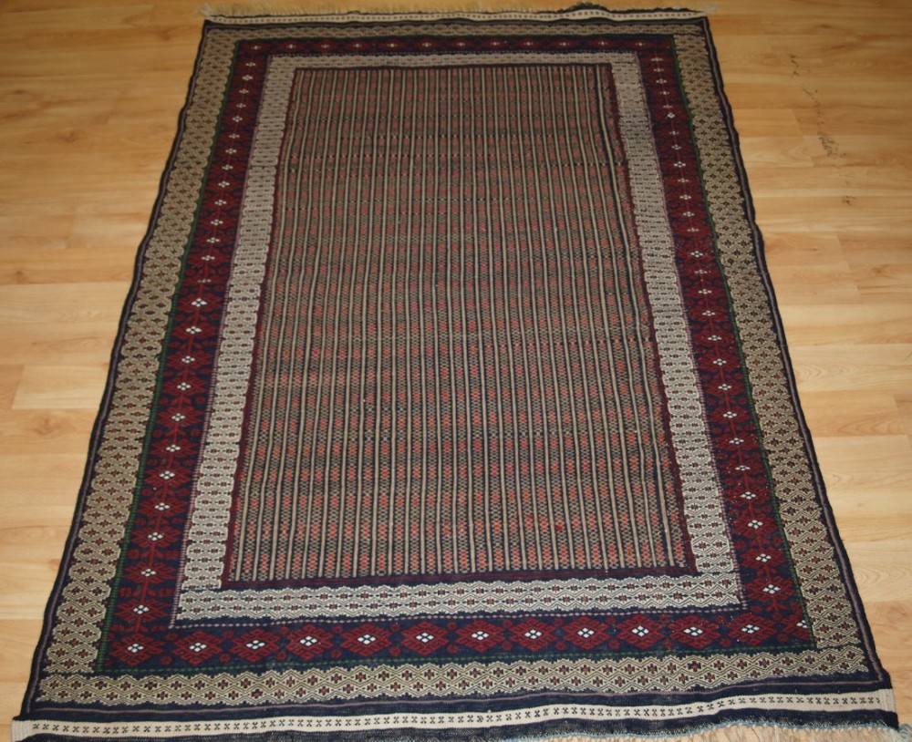OLD AFGHAN BALUCH KILIM IN WEFT WORK, UNUSUAL COLOUR COMBINATION, FINE DESIGN, CIRCA 1920.
