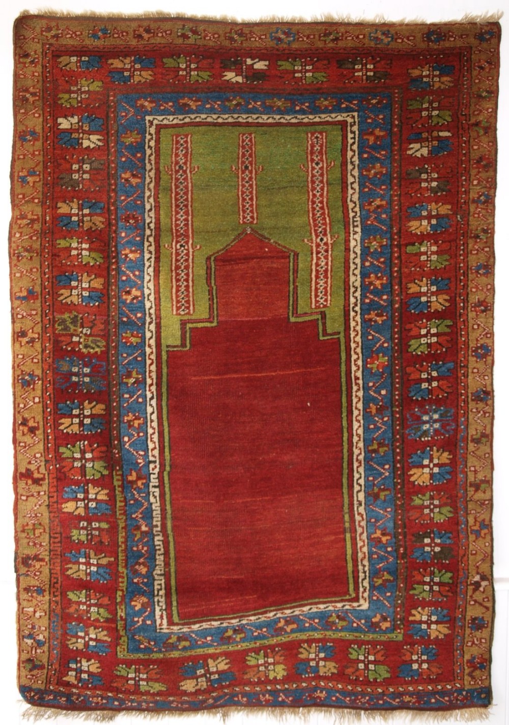 ANTIQUE TURKISH KONYA REGION PRAYER RUG, SUPERB GREEN AND RED, CIRCA 1900.