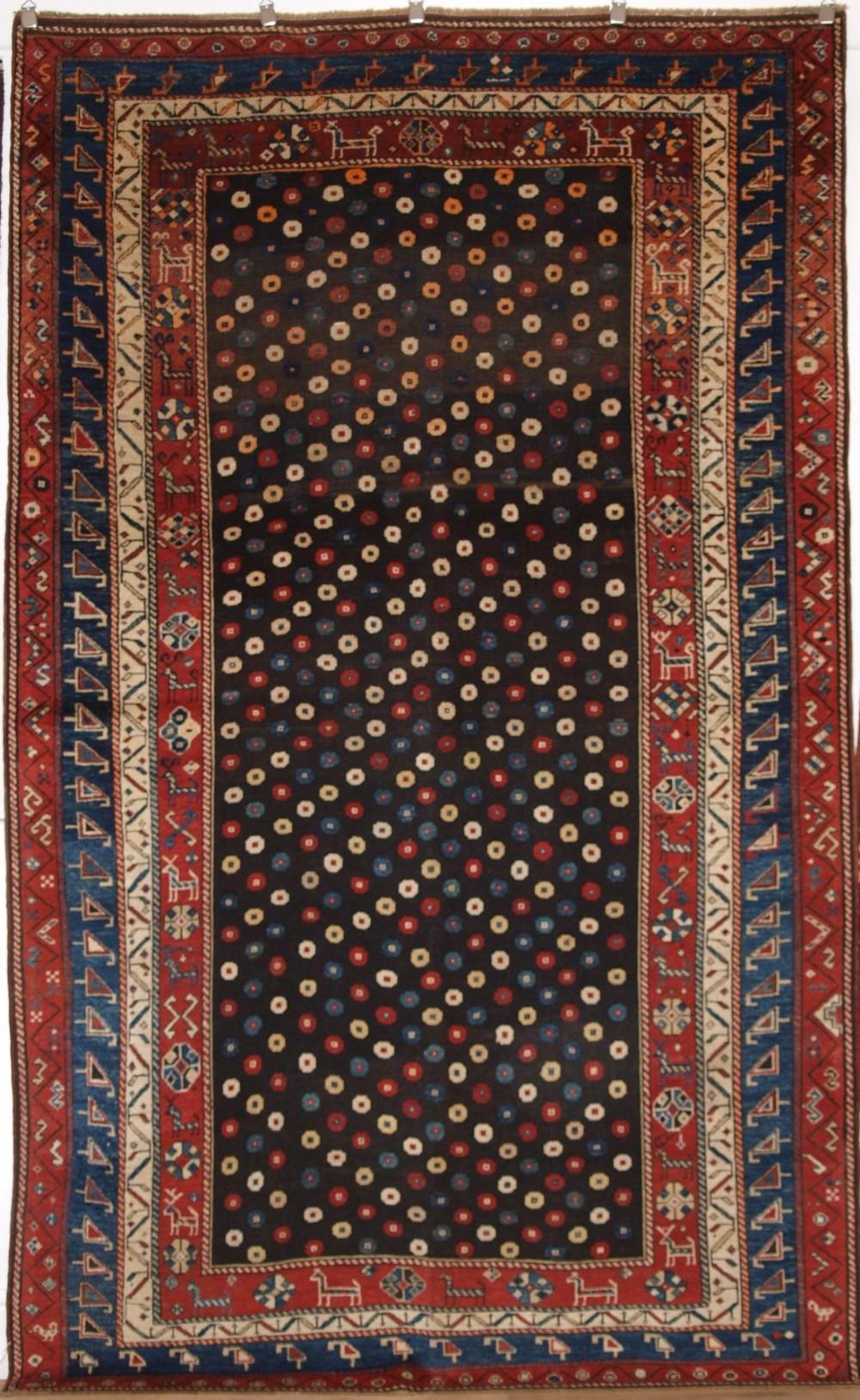 ANTIQUE SOUTH CAUCASIAN AZERI RUG, OUTSTANDING COLLECTORS ITEM, ANIMALS AND BIRDS, LATE 19TH CENTURY.