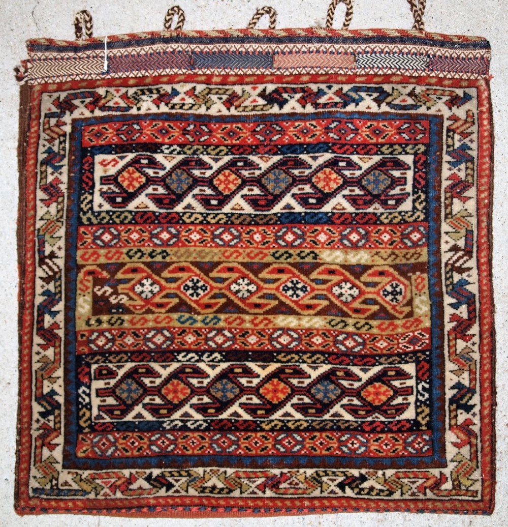 ANTIQUE PERSIAN TRIBAL QASHQAI BAG FACE, STUNNING BANDED DESIGN, GREAT COLOURS, PLAIN WEAVE BACK, CIRCA 1900