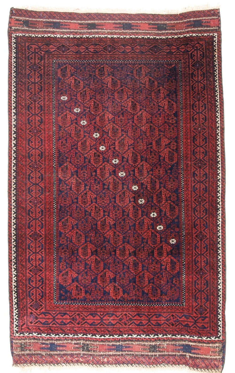 ANTIQUE BALUCH RUG WITH BOTEH DESIGN, DIAGONAL ROW OF WHITE FLOWERS, SUPERB CONDITION, CIRCA 1880.