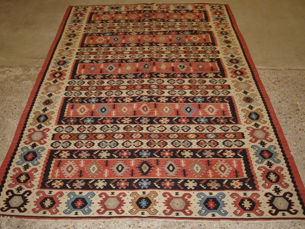 OLD TURKISH SARKOY KILIM RUG, TRADITIONAL BANDED DESIGN, VERY SOFT PINK COLOURS, CIRCA 1920.