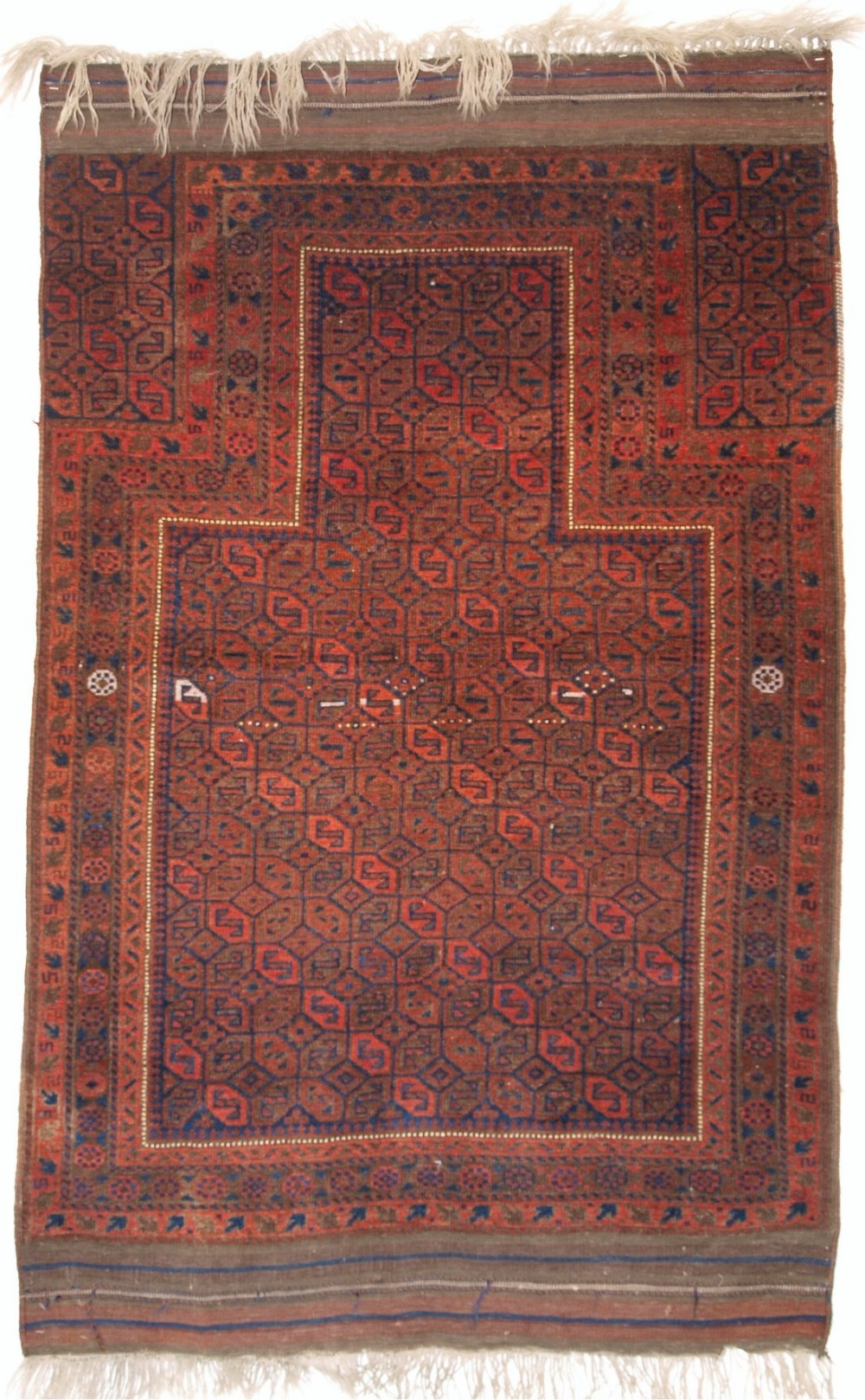 ANTIQUE BALUCH PRAYER RUG WITH 'TILE' DESIGN, LONG KILIM ENDS, LATE 19TH CENTURY.