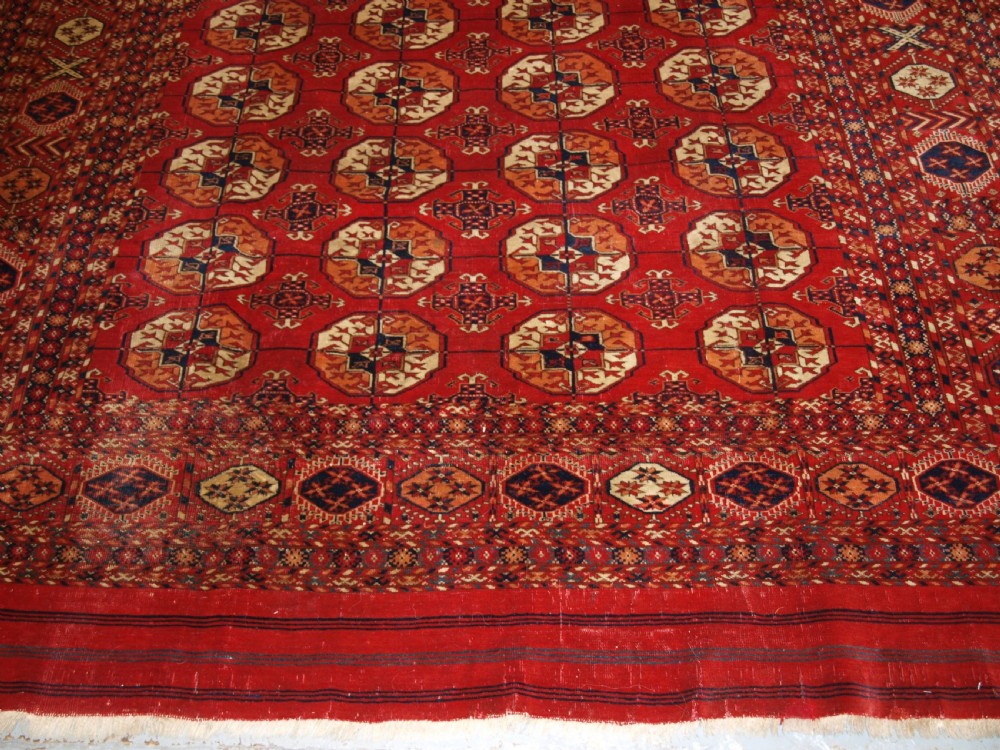 ANTIQUE TEKKE TURKMEN MAIN CARPET, UNUSUAL PILED ELEM END PANELS, 4TH QUARTER 19TH CENTURY. View VI