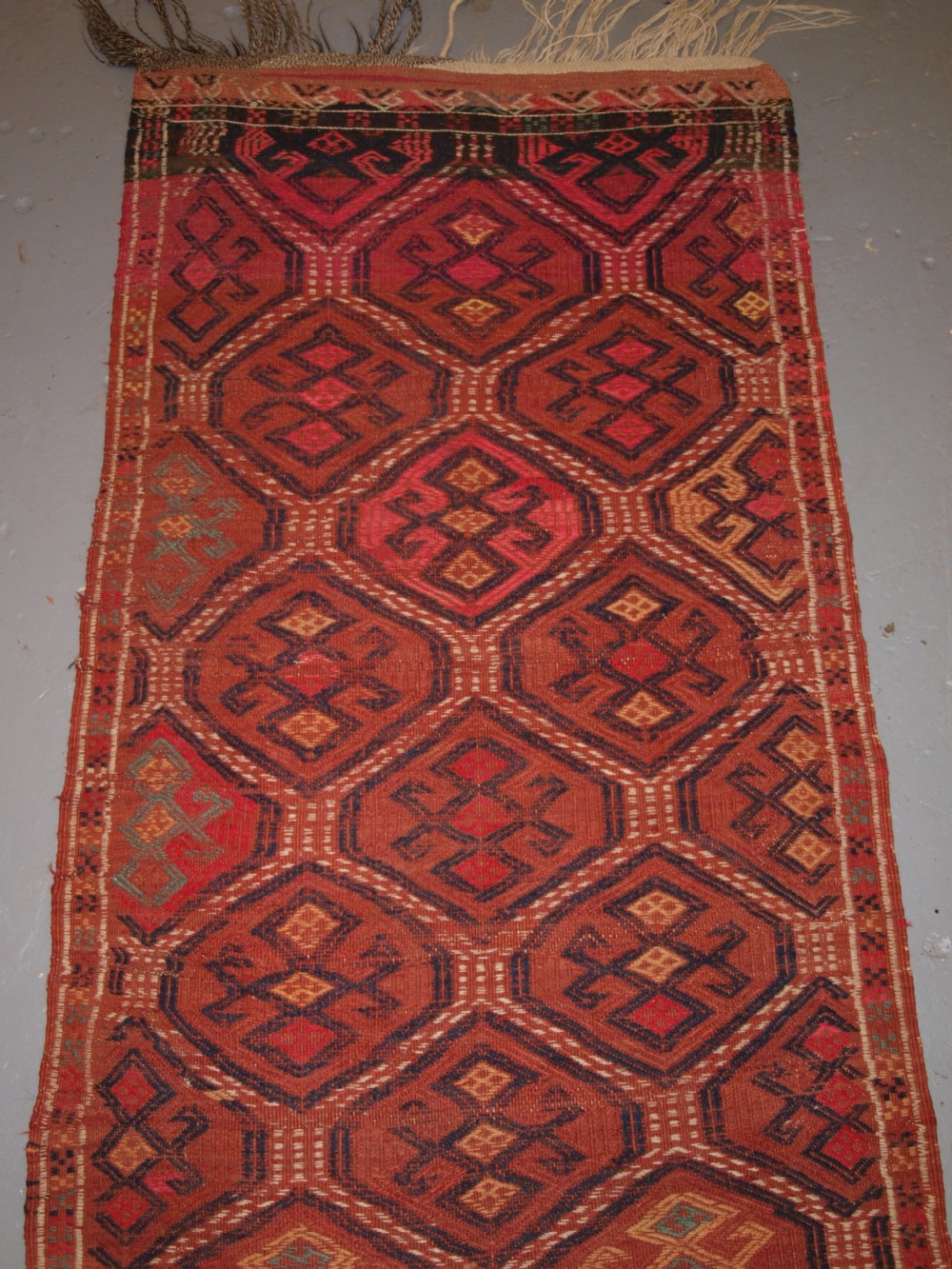 OLD UZBEK OR AFGHAN EMBROIDERED FLAT WEAVE RUNNER, GOOD COLOURS, CIRCA 1920. View II