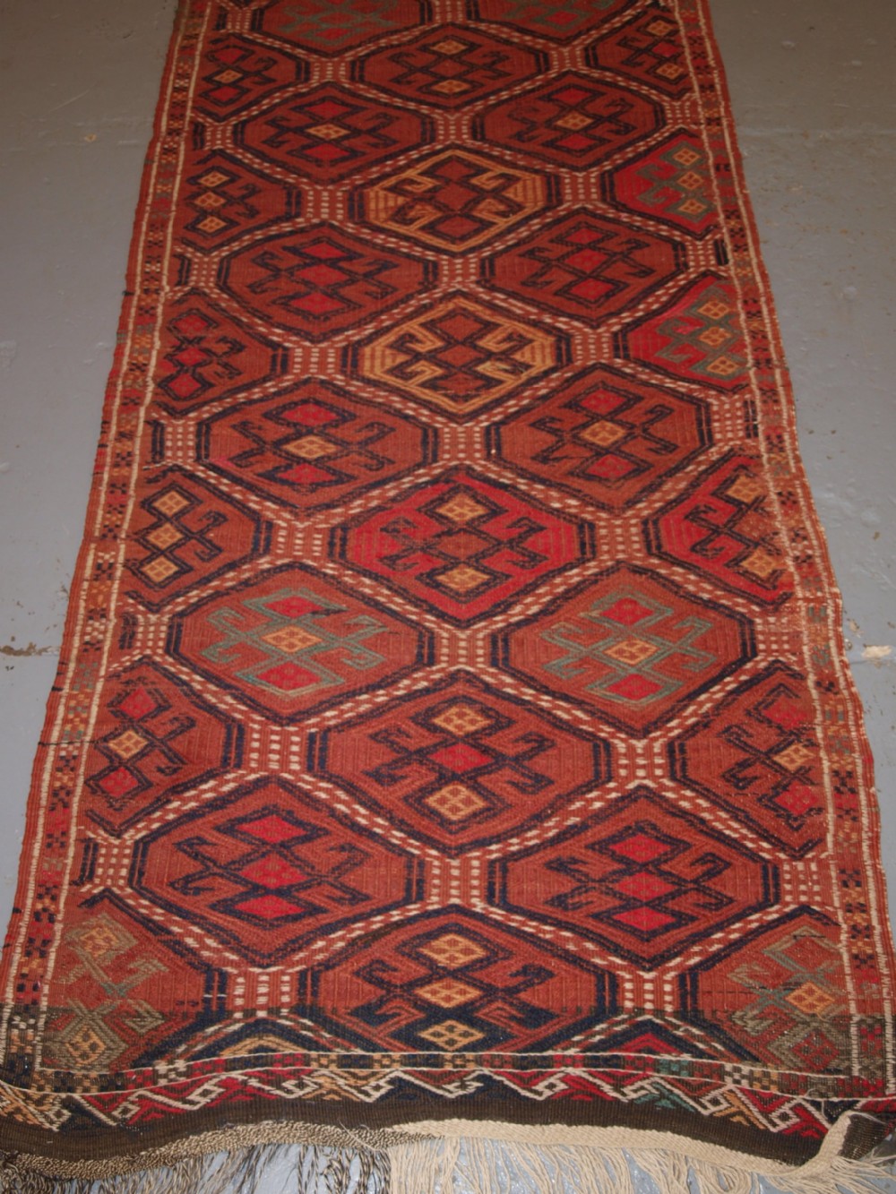 OLD UZBEK OR AFGHAN EMBROIDERED FLAT WEAVE RUNNER, GOOD COLOURS, CIRCA 1920. View V