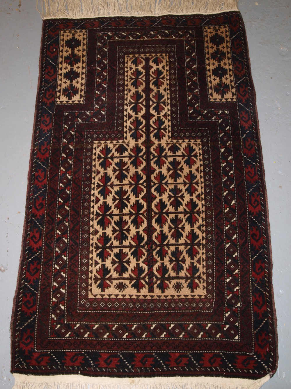 OLD AFGHAN BALUCH CAMEL GROUND PRAYER RUG WITH TREE OF LIFE, GREAT CONDITION, CIRCA 1920.